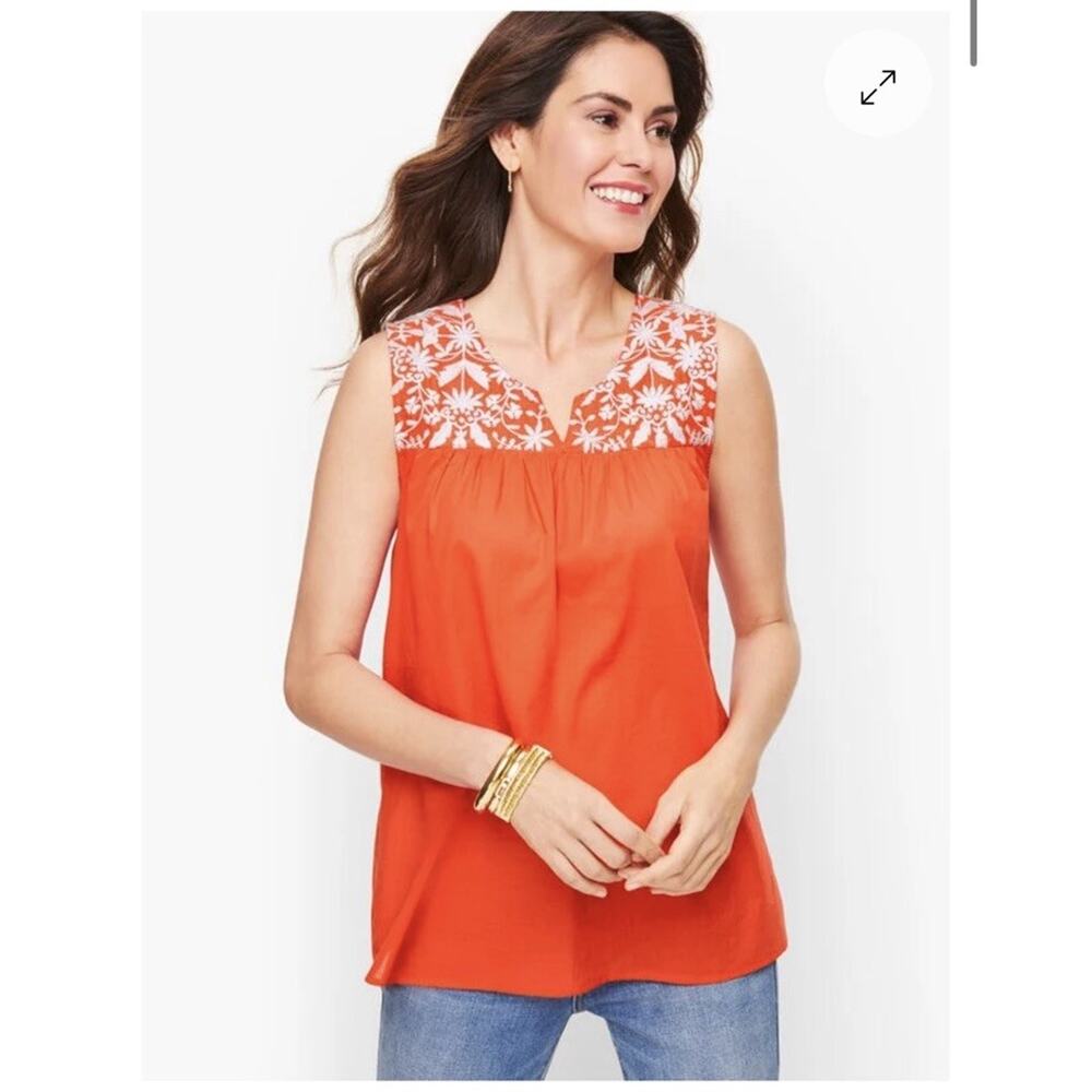 Talbots Orange White Floral Embroidery Voile Shell Top Sleeveless 100% Cotton Mp